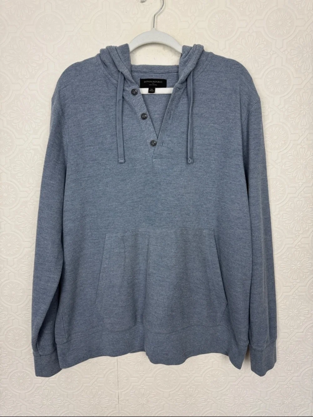 Banana Republic Eco Hoodie Mens XL Blue Knit Pullover Henley Hooded‎ Sweater